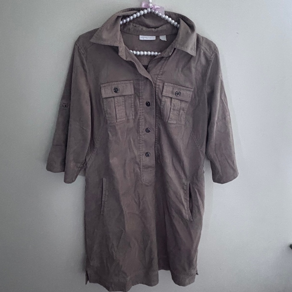 New York & Company Button Front Utility Shirt Dress Tan Size: 6 / Medium